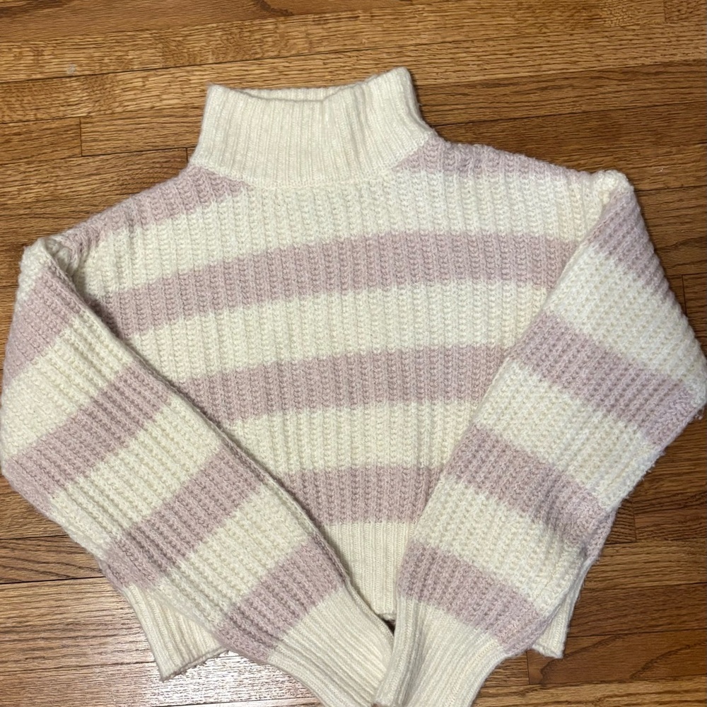 Pink Rose Cream and Pink Striped Turtleneck Sweater